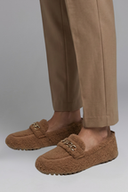 Mocassins femininos slip on com forro polar e corrente decorativa para inverno