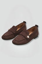 Mocassins femininos bico quadrado slip-on com tira decorativa e sola plana