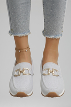 Mocassins femininos mesh texturizado slip-on com hardware metálico decorativo