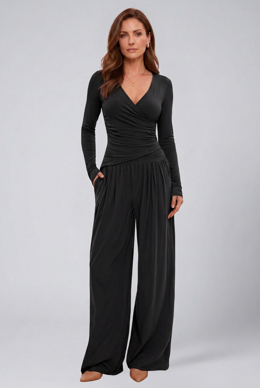 Conjunto feminino 2 peças top wrap decote V e calça wide leg comprimento total