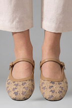 Sapatilhas femininas Mary Jane renda floral bico redondo sola rasa