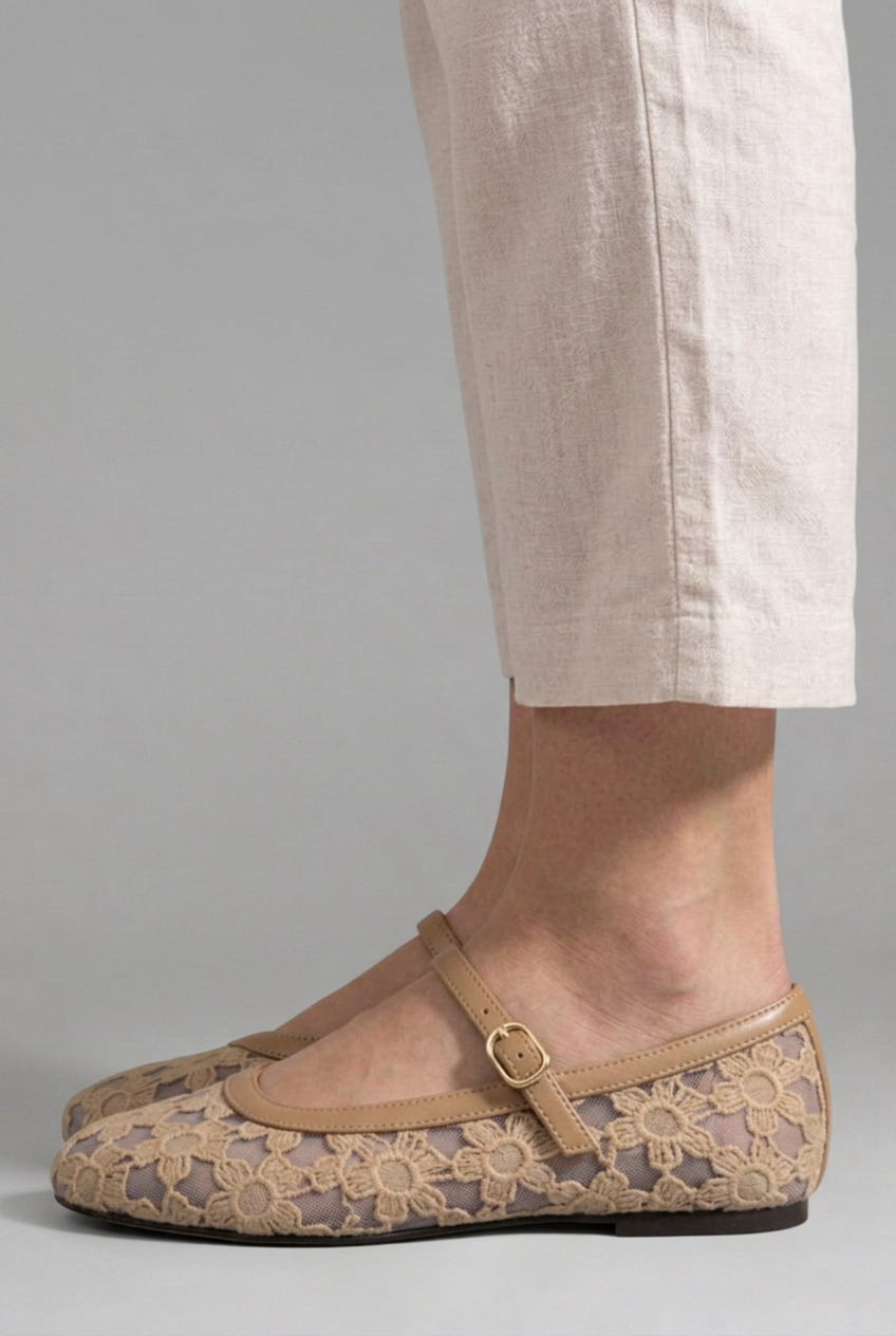 Sapatilhas femininas Mary Jane renda floral bico redondo sola rasa
