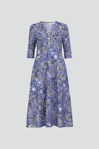 Vestido midi feminino decote V manga três quartos com estampa all-over