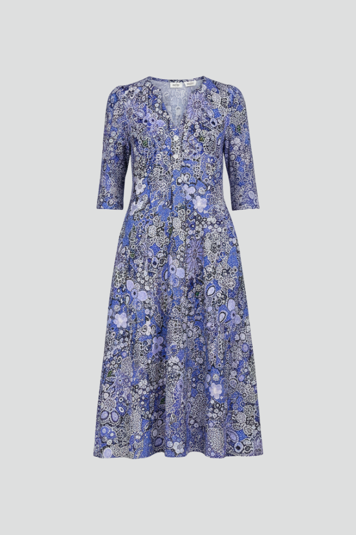Vestido midi feminino decote V manga três quartos com estampa all-over