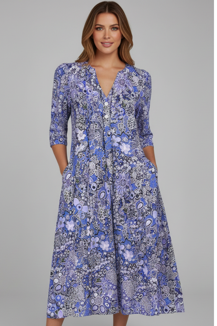 Vestido midi feminino decote V manga três quartos com estampa all-over