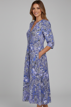 Vestido midi feminino decote V manga três quartos com estampa all-over