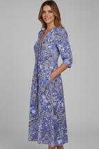 Vestido midi feminino decote V manga três quartos com estampa all-over