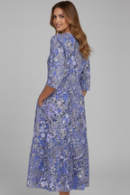 Vestido midi feminino decote V manga três quartos com estampa all-over