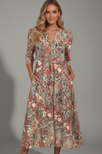 Vestido midi feminino decote V manga três quartos com estampa all-over