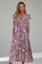 Vestido midi feminino decote V manga três quartos com estampa all-over