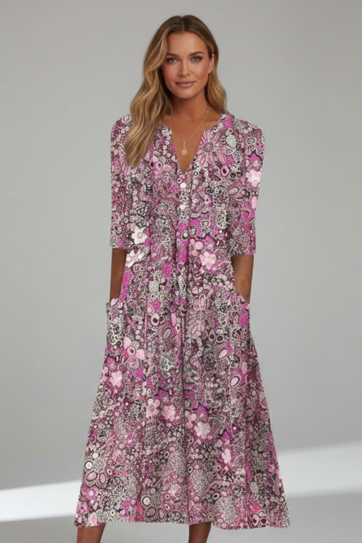 Vestido midi feminino decote V manga três quartos com estampa all-over