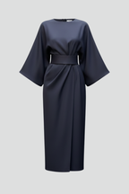 Vestido midi feminino manga larga com cinto na cintura e decote redondo