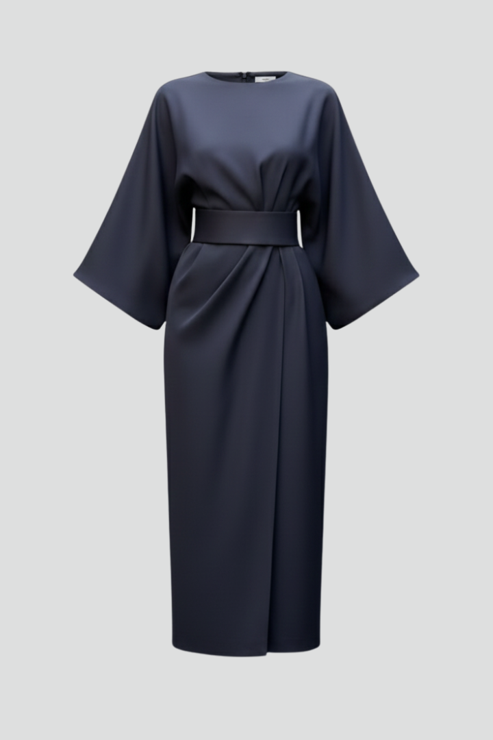 Vestido midi feminino manga larga com cinto na cintura e decote redondo