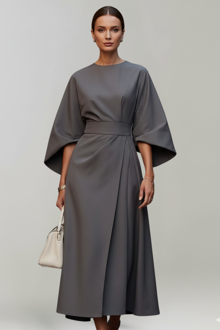 Vestido midi feminino manga larga com cinto na cintura e decote redondo