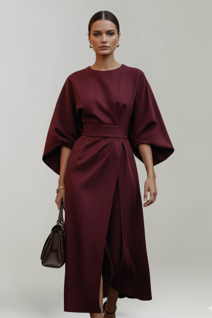 Vestido midi feminino manga larga com cinto na cintura e decote redondo