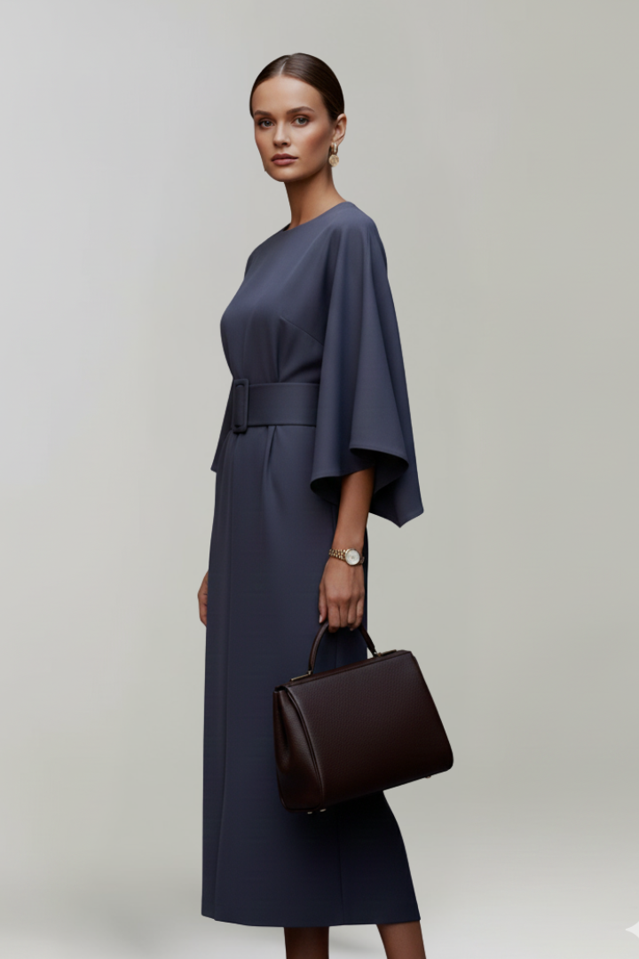 Vestido midi feminino manga larga com cinto na cintura e decote redondo