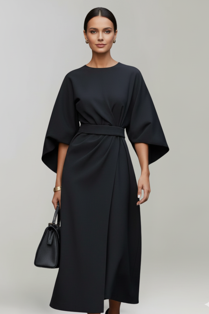Vestido midi feminino manga larga com cinto na cintura e decote redondo