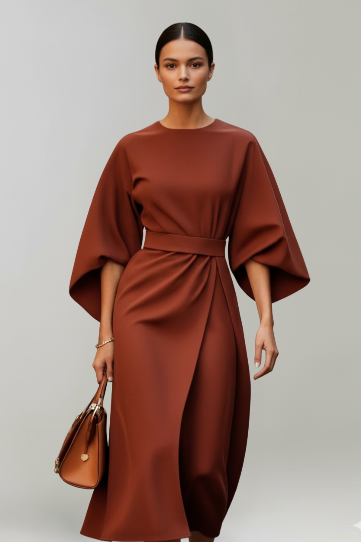 Vestido midi feminino manga larga com cinto na cintura e decote redondo