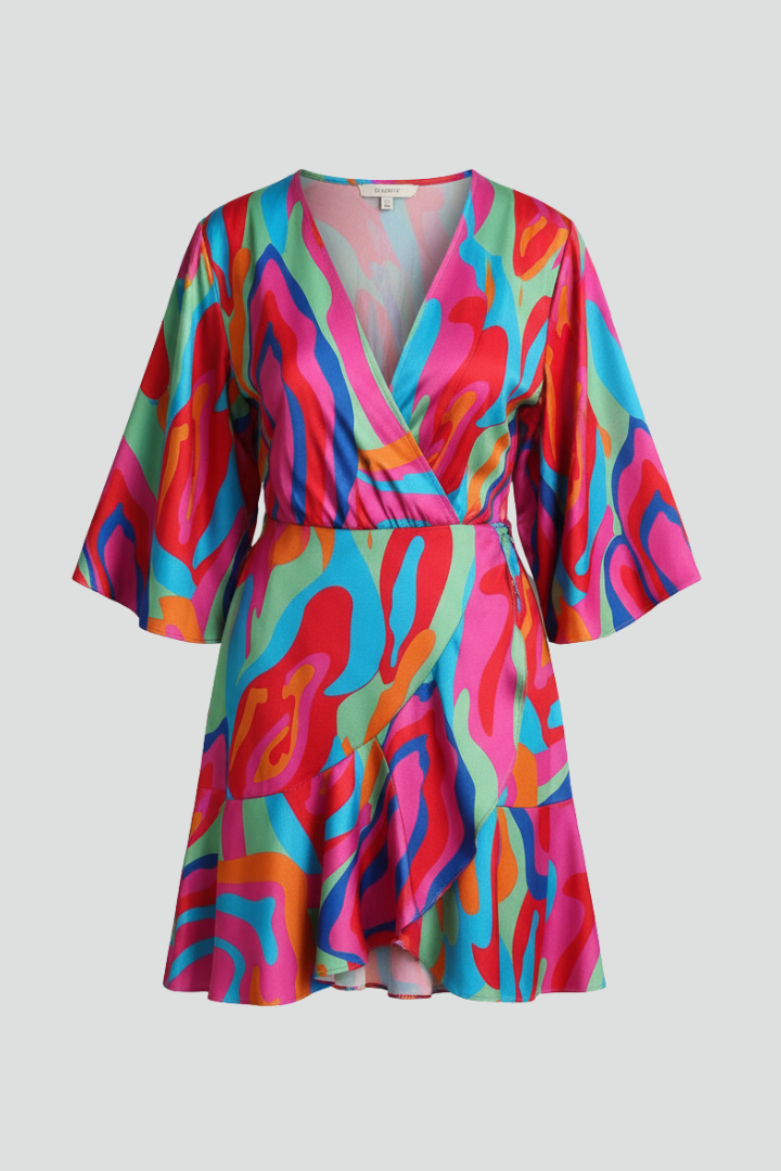 Vestido mini feminino mangas morcego decote V com cinto ajustável