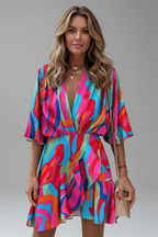Vestido mini feminino mangas morcego decote V com cinto ajustável