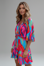 Vestido mini feminino mangas morcego decote V com cinto ajustável