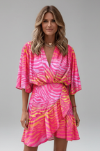 Vestido mini feminino mangas morcego decote V com cinto ajustável