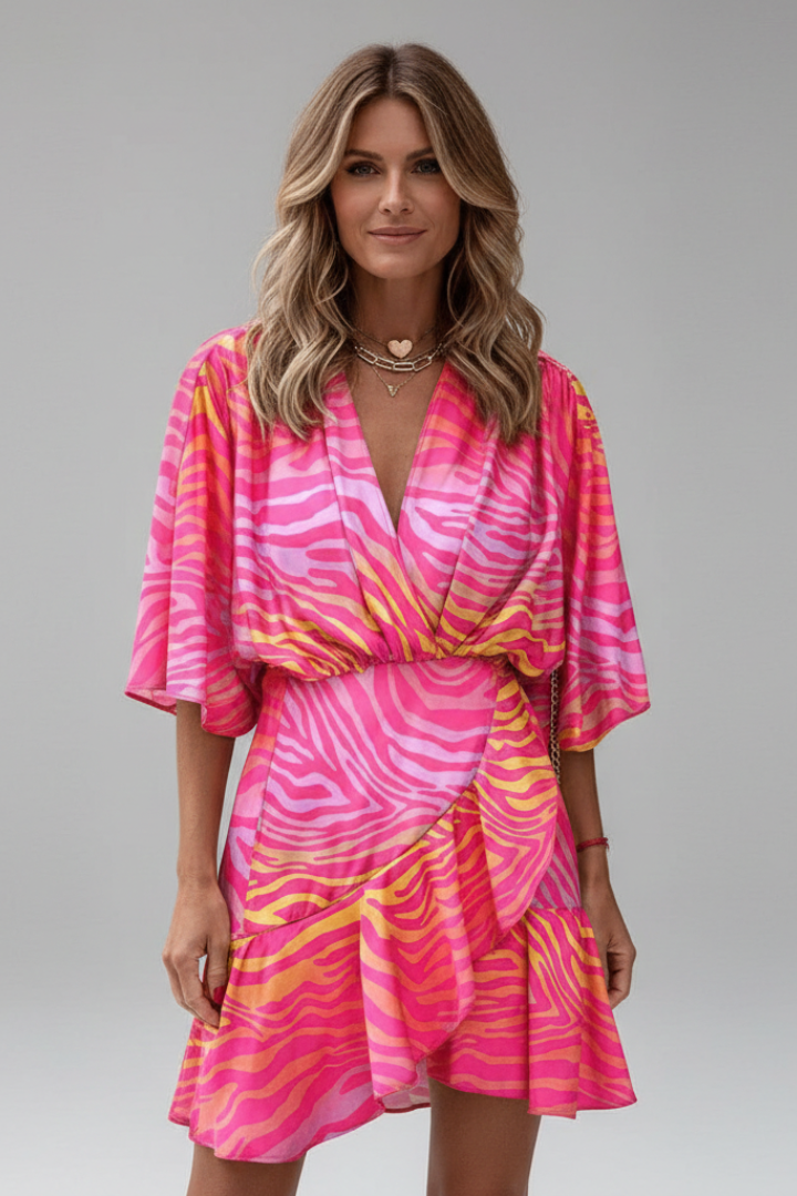 Vestido mini feminino mangas morcego decote V com cinto ajustável
