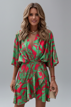 Vestido mini feminino mangas morcego decote V com cinto ajustável