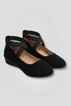 Sapatos rasos ortopédicos femininos slip-on com elásticos cruzados e bico redondo