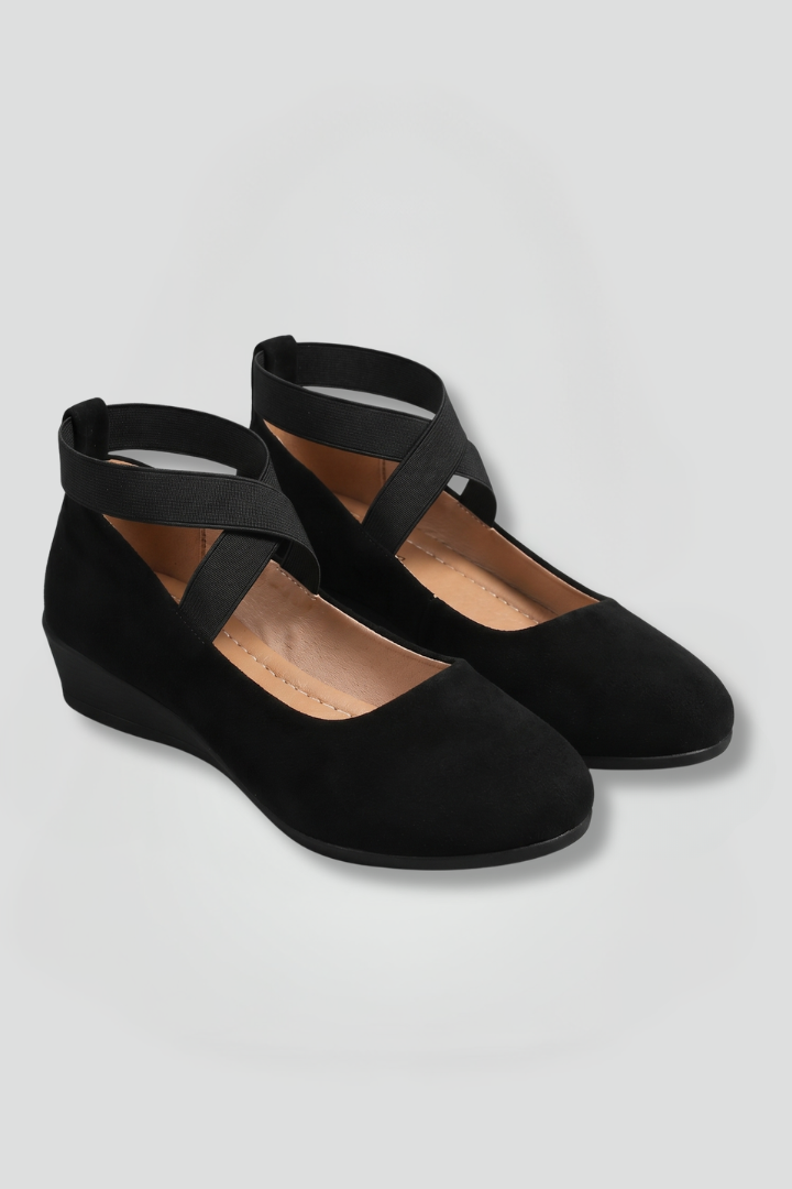 Sapatos rasos ortopédicos femininos slip-on com elásticos cruzados e bico redondo