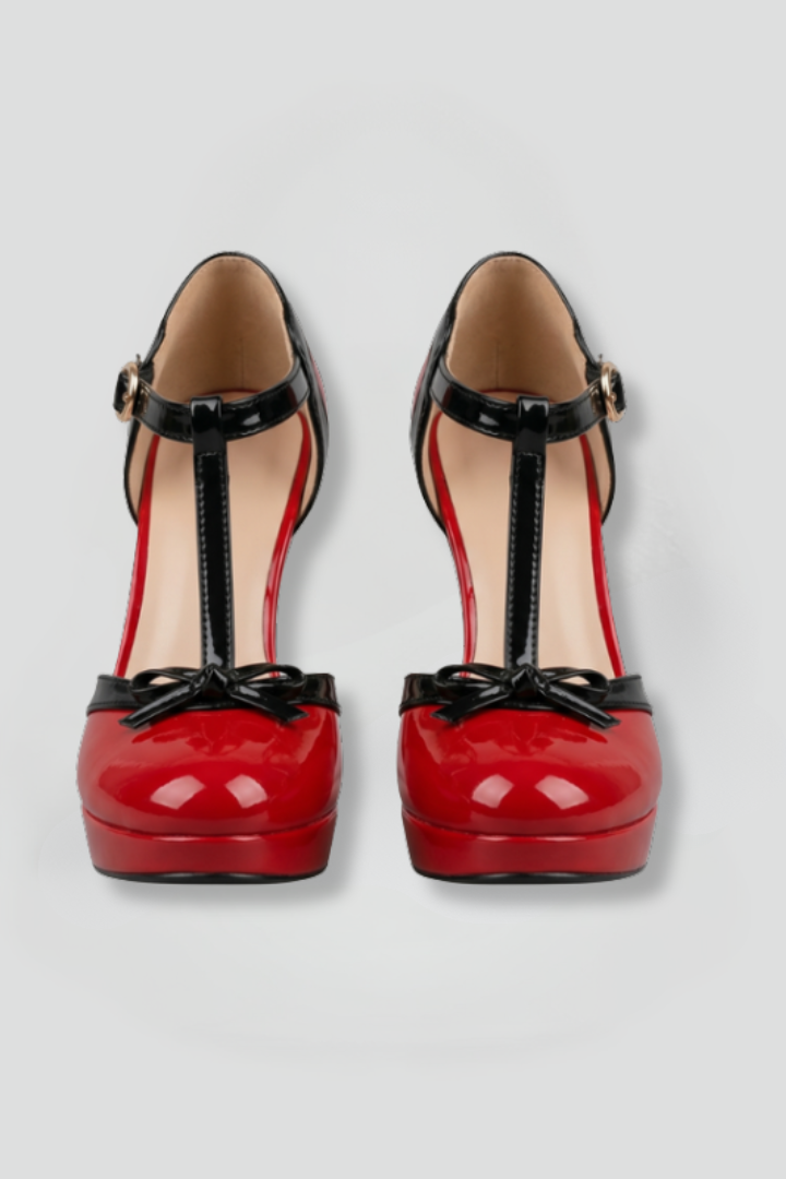 Sapatos de salto femininos ortopédicos tira em T biqueira redonda plataforma