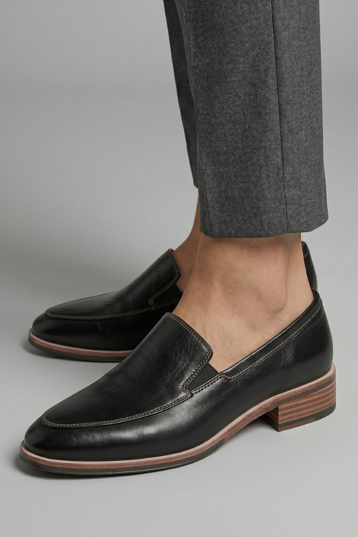 Mocassins ortopédicos femininos bico fino salto baixo slip-on preto