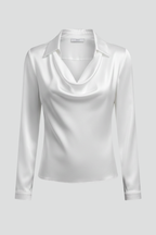 Blusa cetim feminina colarinho drapeado manga comprida
