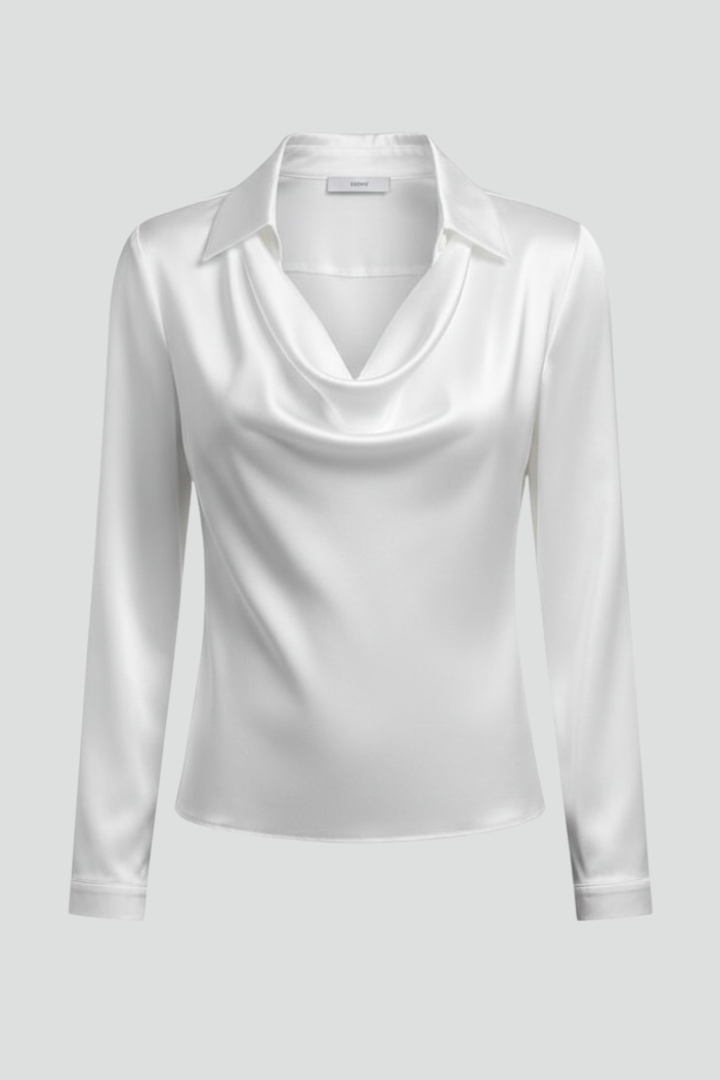Blusa cetim feminina colarinho drapeado manga comprida