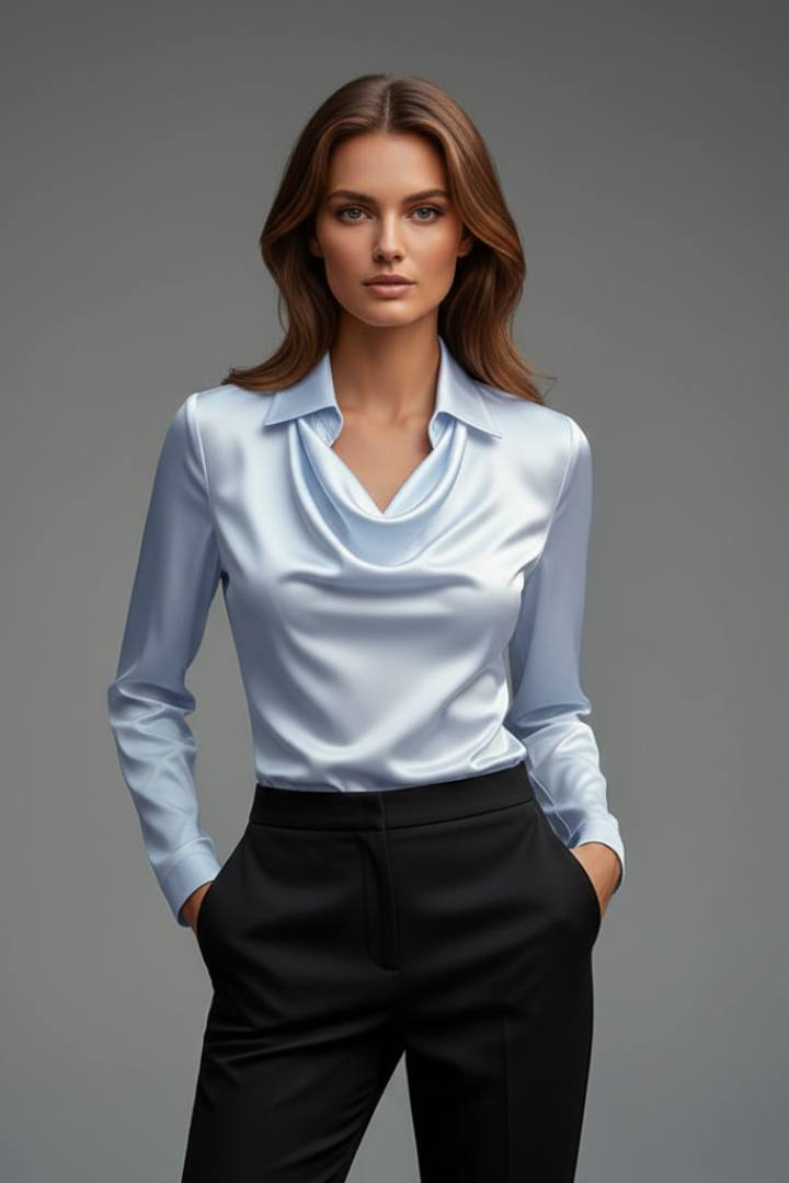 Blusa cetim feminina colarinho drapeado manga comprida