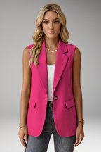 Blazer sem mangas feminino com colarinho entalhado e bolsos com aba