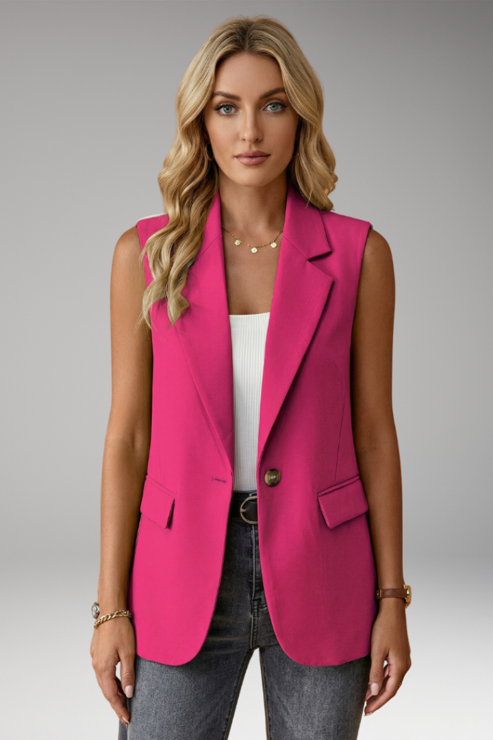 Blazer sem mangas feminino com colarinho entalhado e bolsos com aba