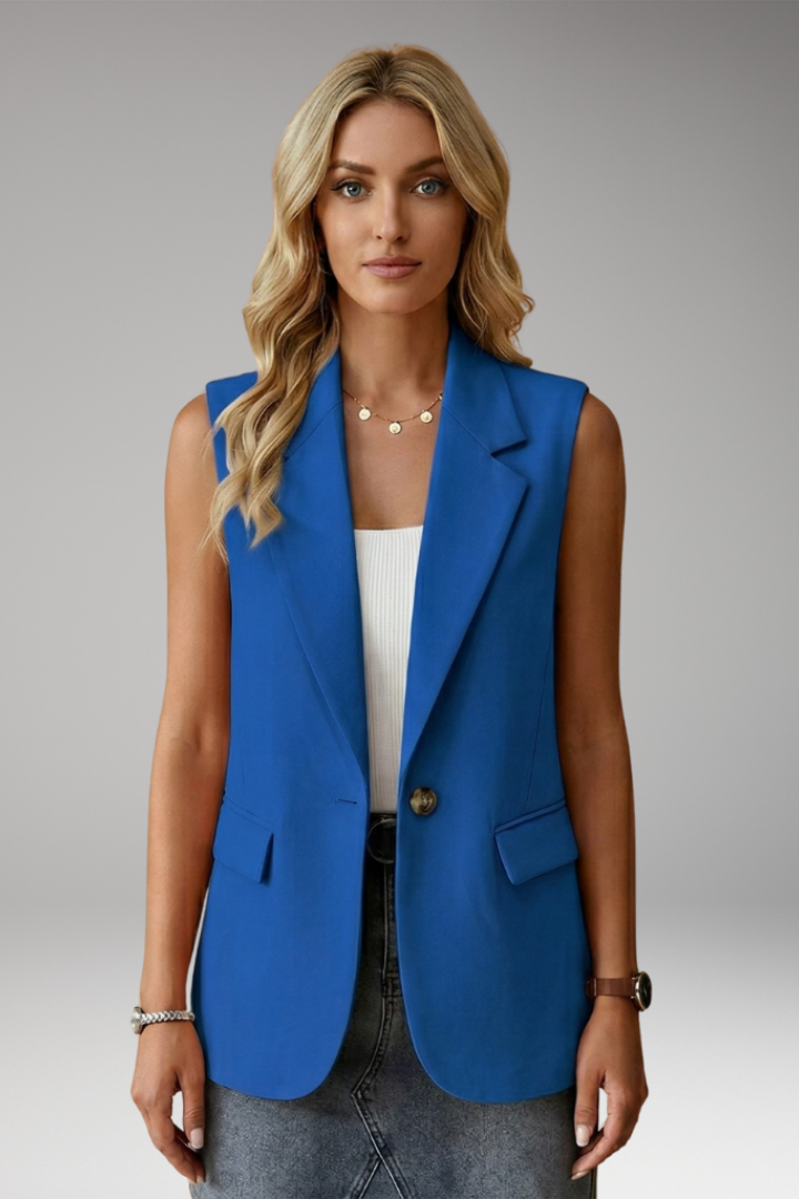Blazer sem mangas feminino com colarinho entalhado e bolsos com aba