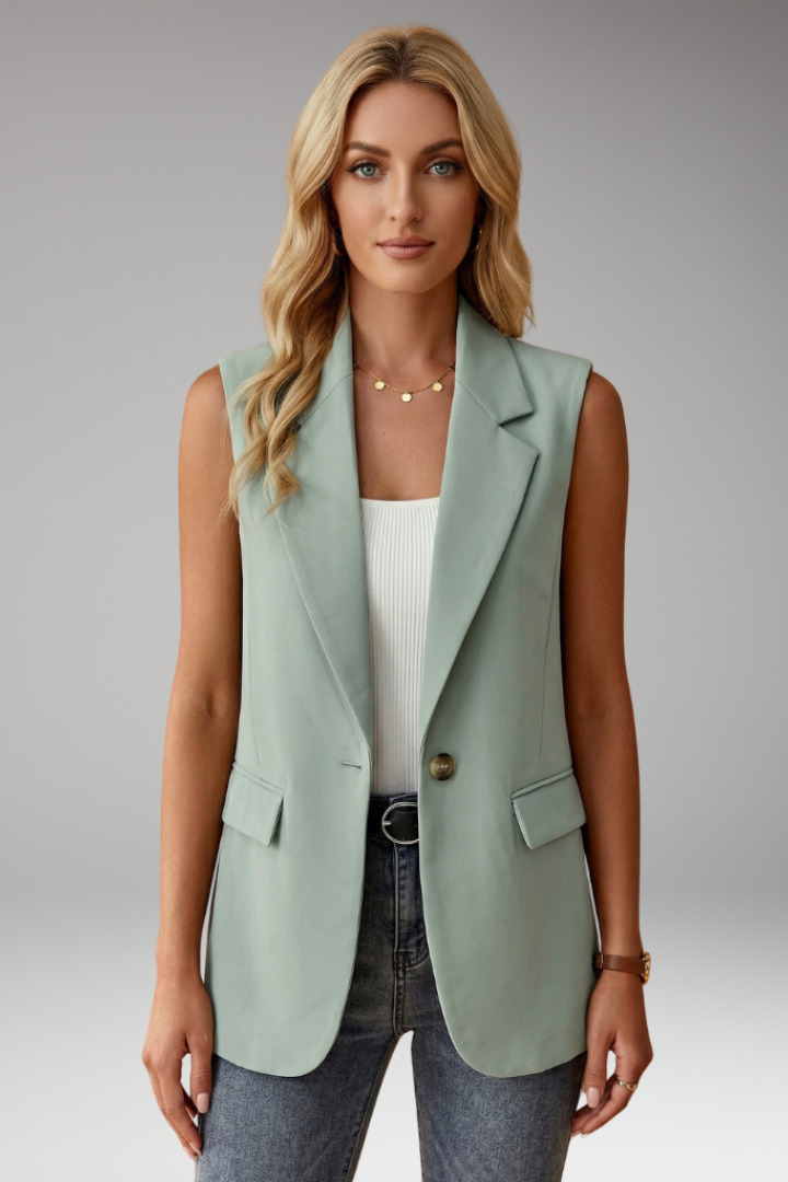 Blazer sem mangas feminino com colarinho entalhado e bolsos com aba