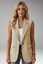 Blazer sem mangas feminino com colarinho entalhado e bolsos com aba
