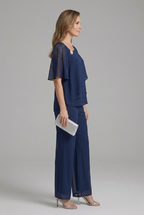 Conjunto feminino blusa em camadas e calça reta azul marinho