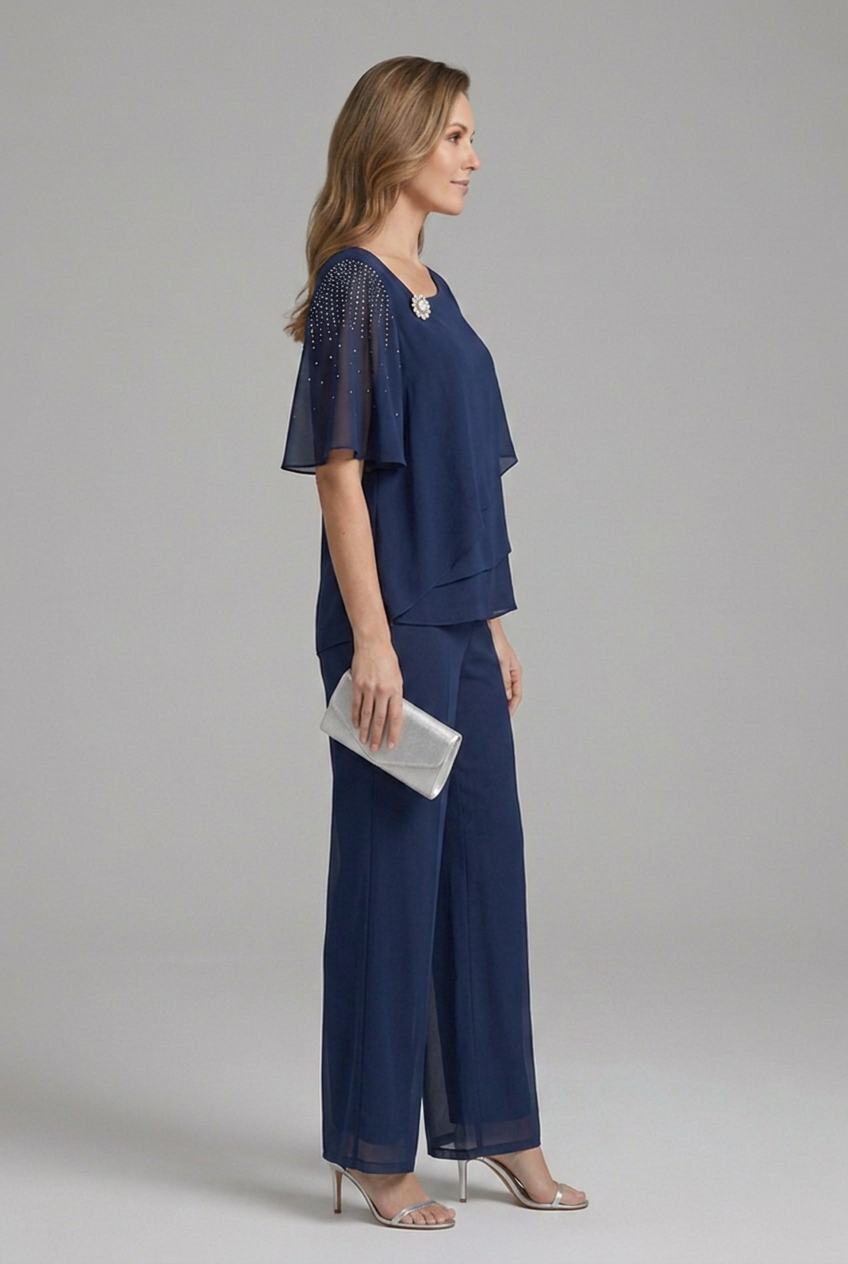 Conjunto feminino blusa em camadas e calça reta azul marinho