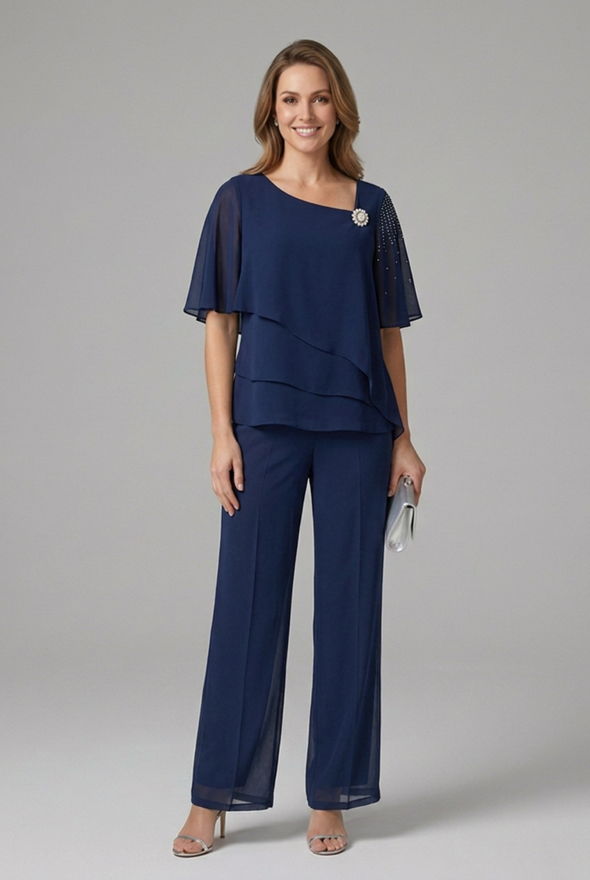 Conjunto feminino blusa em camadas e calça reta azul marinho