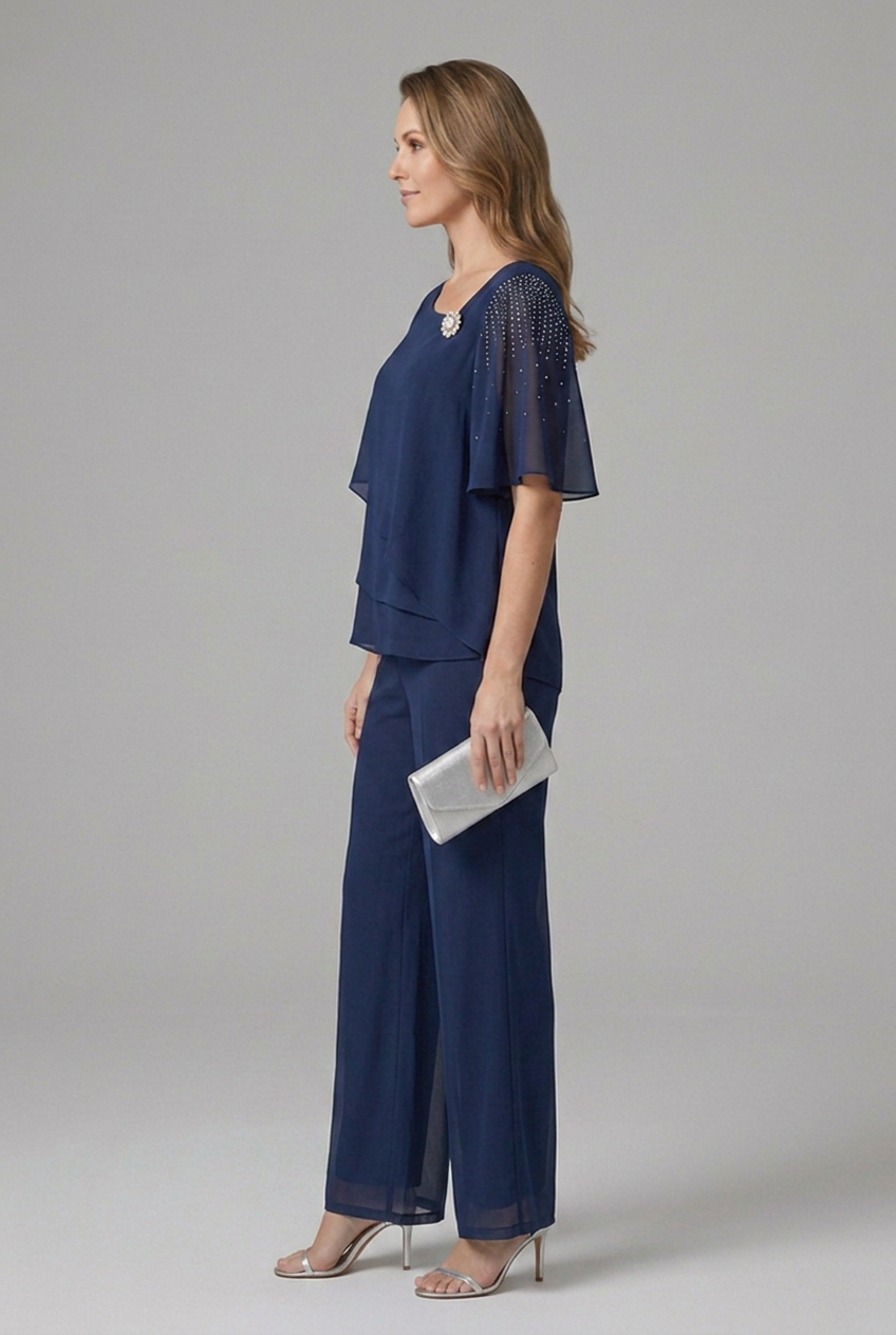 Conjunto feminino blusa em camadas e calça reta azul marinho