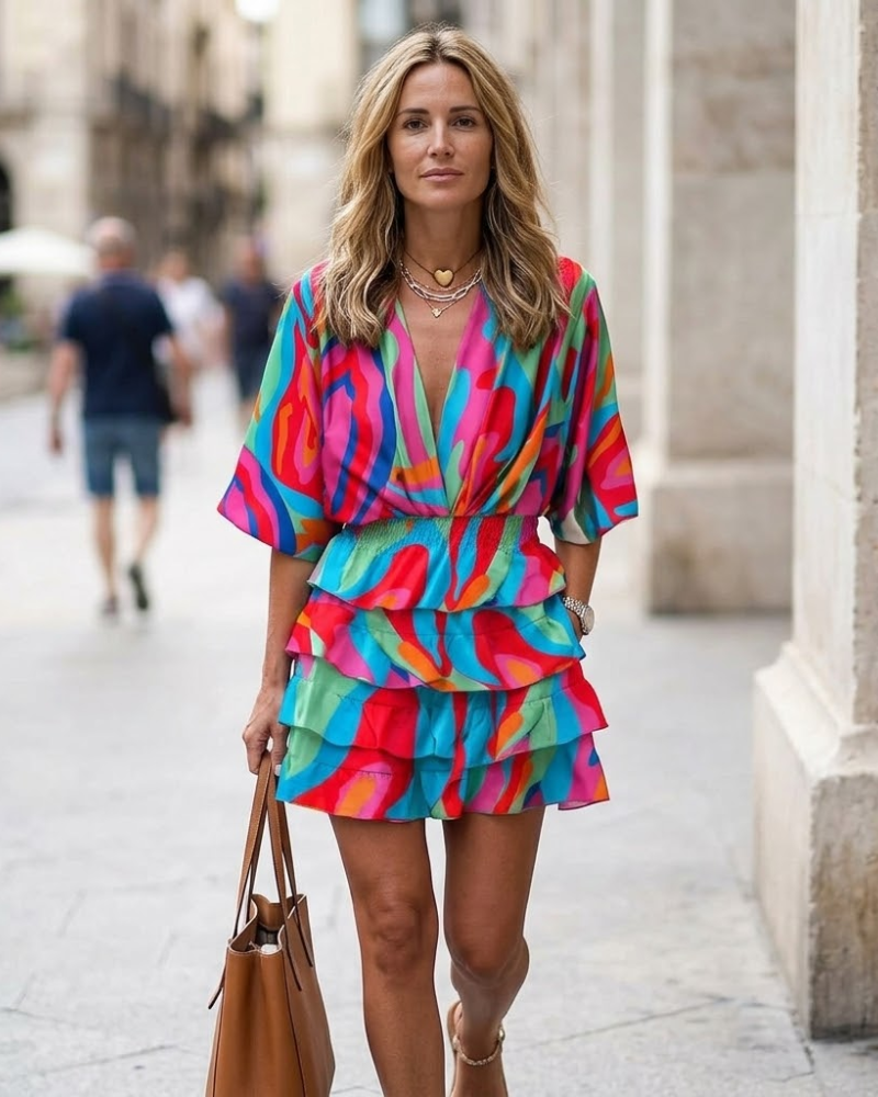 Vestido feminino midi evasê com decote V franzido e babados