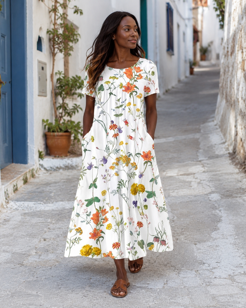 Vestido floral feminino manga curta gola redonda estampado verão
