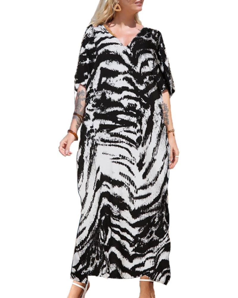 Vestido kaftan feminino longo boémio decote V mangas largas viscose