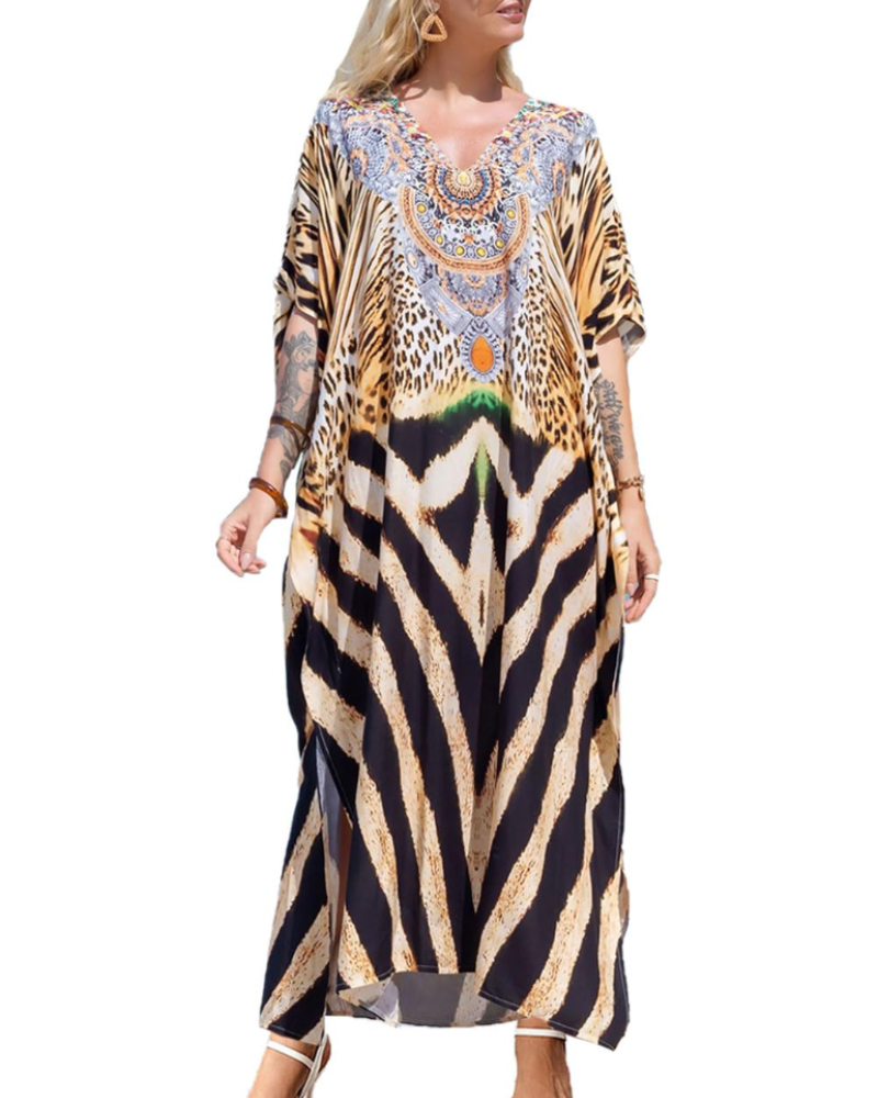 Vestido kaftan feminino longo boémio decote V mangas largas viscose