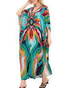 Vestido kaftan feminino longo boémio decote V mangas largas viscose