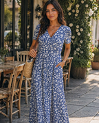 Vestido maxi feminino boho decote V cruzado mangas curtas cintura empire com bolsos